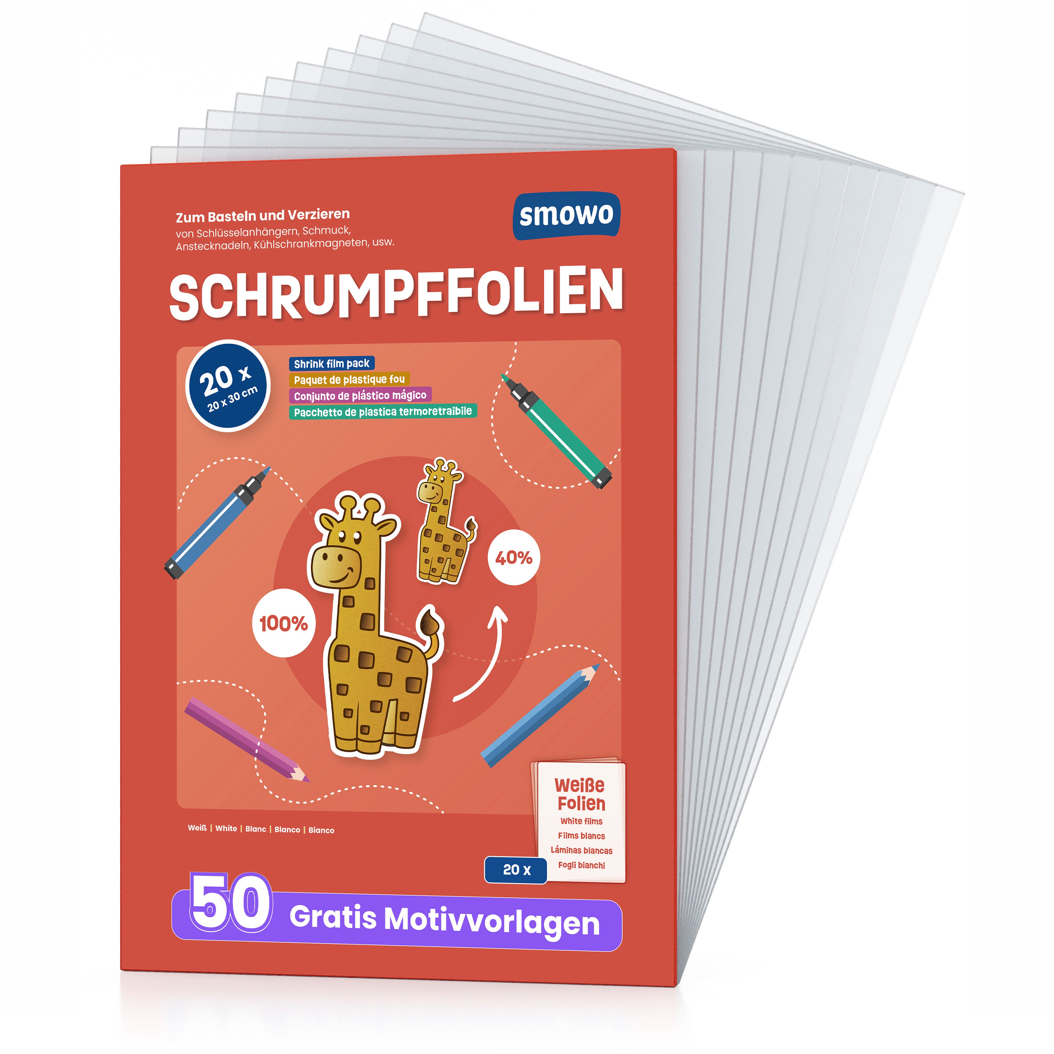 Smowo Schrumpffolien Bastelset mit 20 transparenten Schrumpffolien zum Basteln