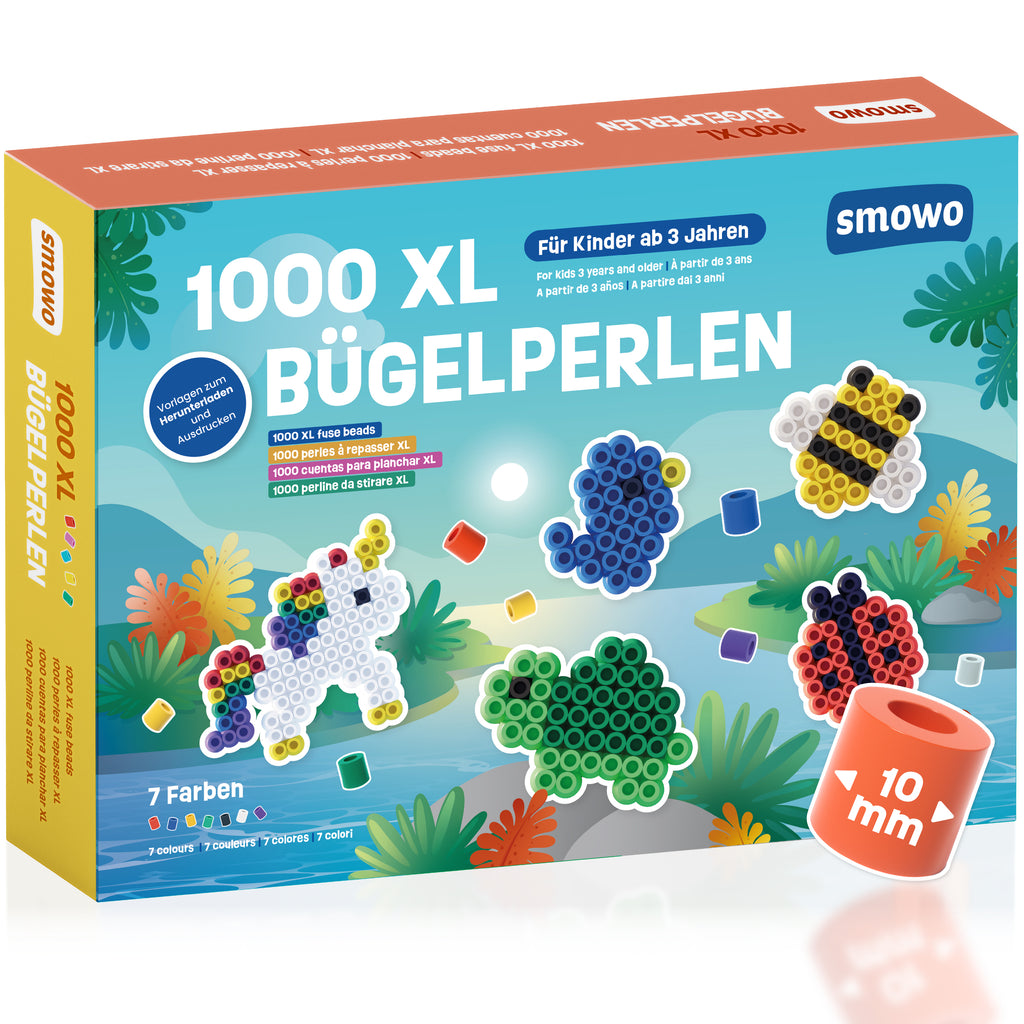 Smowo large 10mm fuse beads 1000 pieces for children aged 3 and up - 7 bright colors